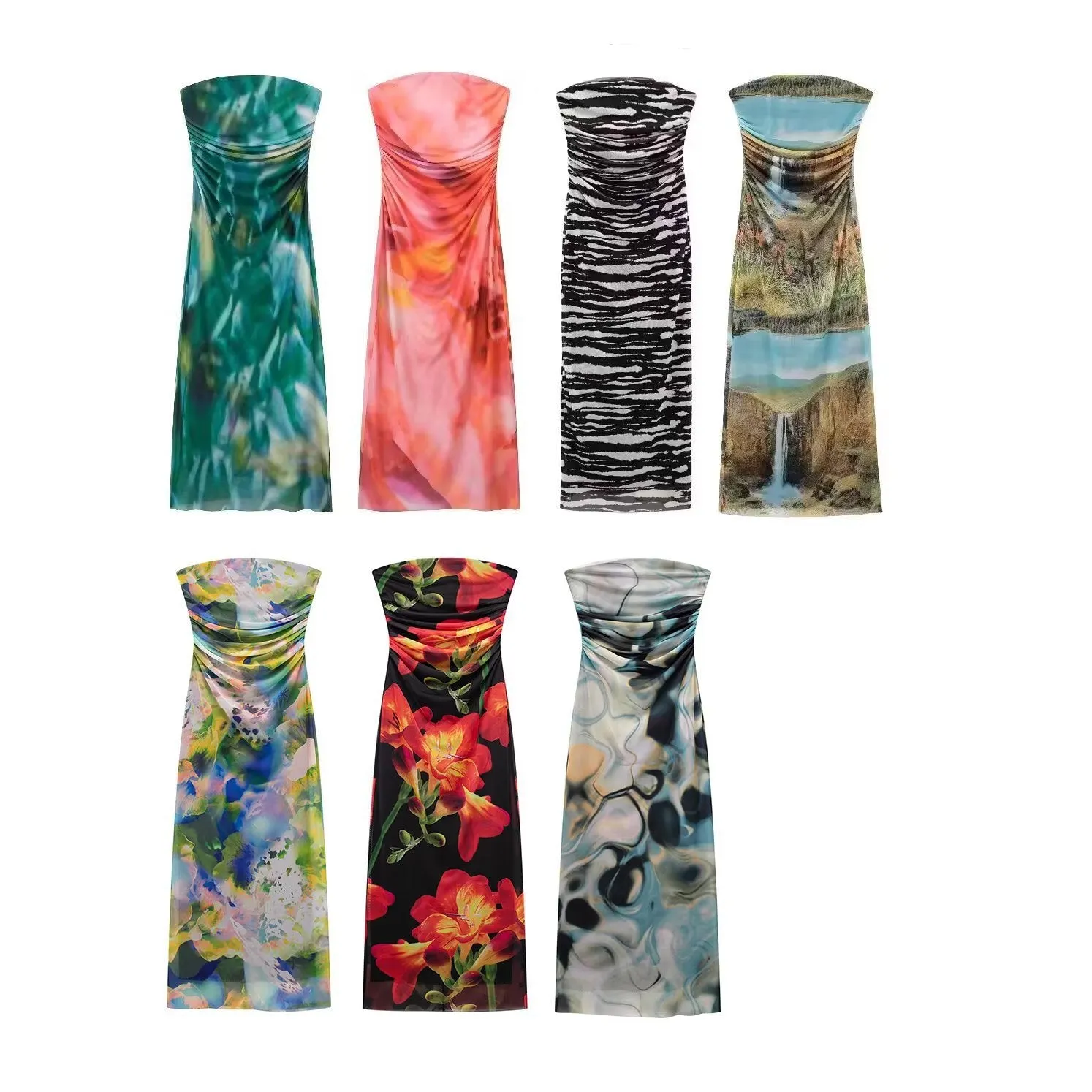 Znbbw Autumn And Winter Women's Wear New Printed Silk Mesh Breast Dress 840587 - Image 12