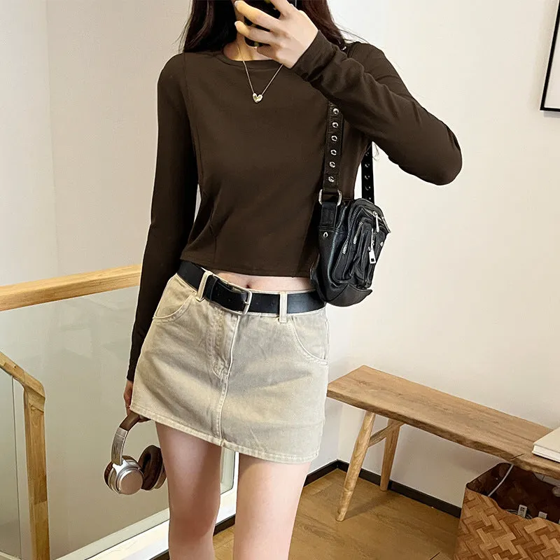 Znbbw Three-Dimensional Fishbone Round-Necked Blouse Women's Long-Sleeved Autumn And Winter New Minority Short Spicy Girls T-Shirt Ins