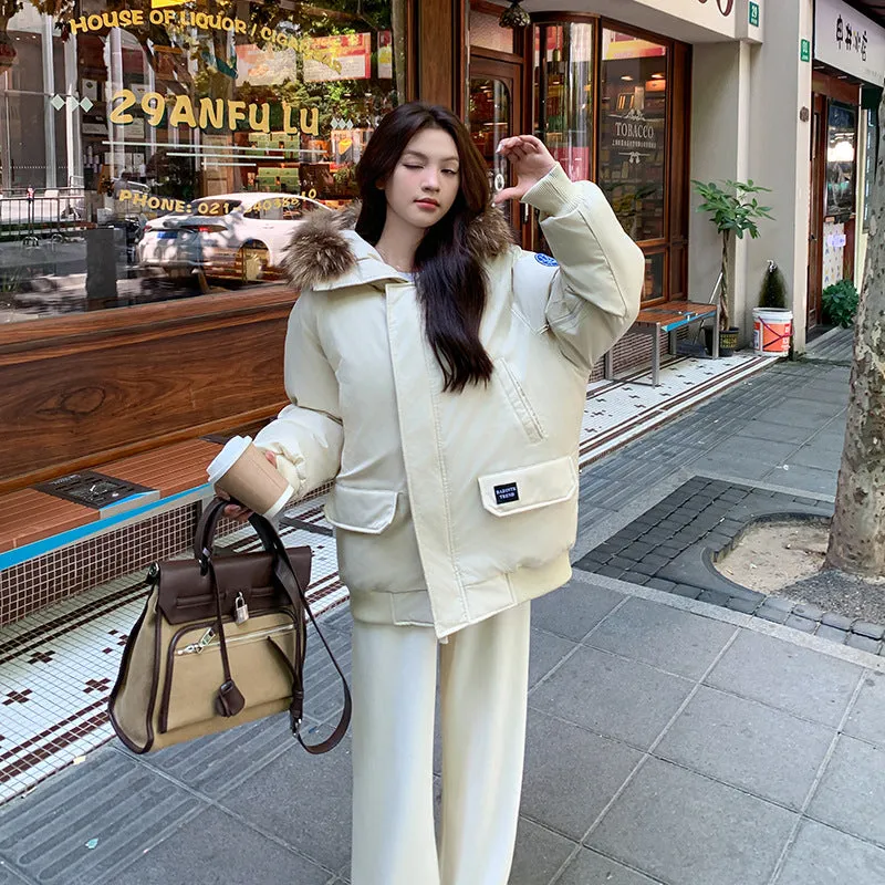 Navy Blue Wool Collar Parker Cotton Suit Women's Winter New Thickened Warm Oversize Padded Coat - Image 2