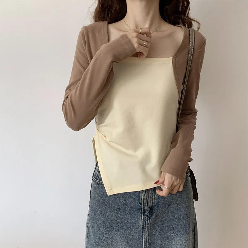 Autumn And Winter Color Positive Shoulder Fake Two Square Collar Blouses Women's Spring And Autumn Splicing Irregular Design Feeling Bottom Short T-Shirt - Image 3