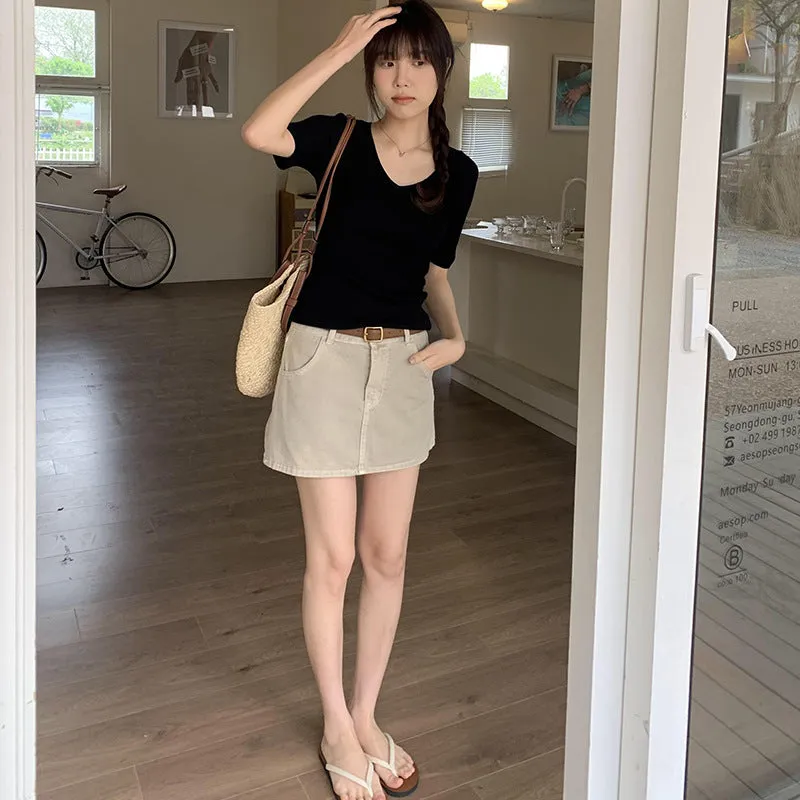 V-Neck Slim Short-Sleeved Sweater Women's Spring And Summer New Thin Medium-Sleeved T-Shirt Five-Cent Sleeve Blouse - Image 3