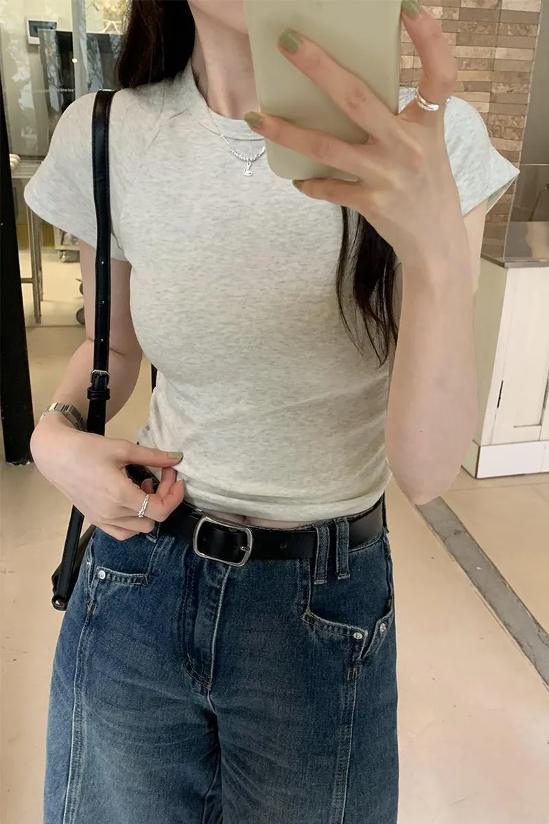 Basic T-Shirt With Shoulder, Round Neck And Short Sleeves, New Slim, High-Waisted, Short-Color Blouse For Women In Spring And Summer - Image 9