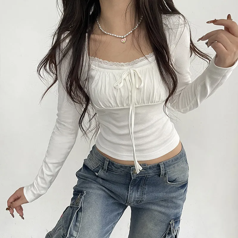 Pure Lace Pleated Chest-Shaped Slim Long-Sleeved T-Shirt 2025 New Style - Image 6