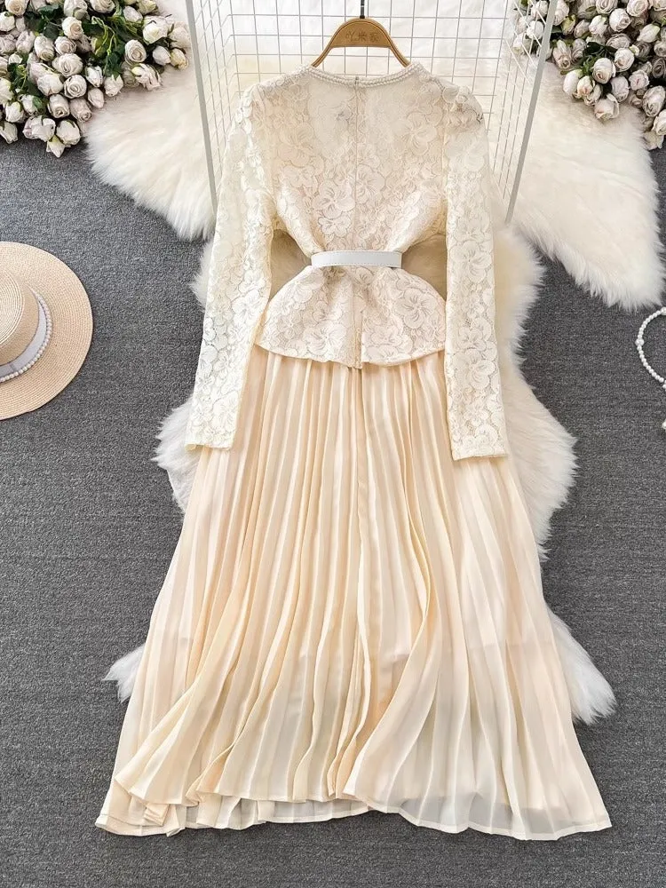 Znbbw And Autumn Korean Version Of Socialite Temperament Fake Two Long-Sleeved Square Collar Lace Receiving Waist A Large Swinging Pleated Dress - Image 4