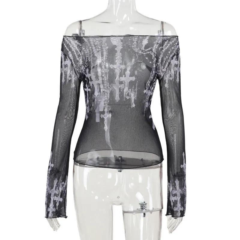 Znbbw Summer 2024 New Punk Spice Girl Shoulder Printing Net Yarn Long-Sleeved Bottom Shirt Sunscreen Shirt Girl