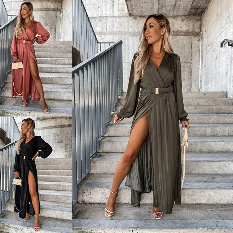 Znbbw Autumn And Winter New Dress INS Casual Elastic Belt Front Slit Long-Sleeved Dress - Image 5