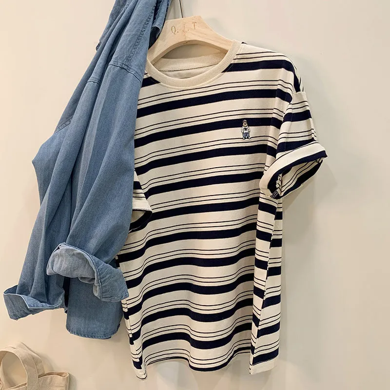 Shoulder Striped Short-Sleeved Embroidered T-Shirt Women's Summer New Design Chic Loose Leisure All-Purpose Commuter Shirt - Image 3