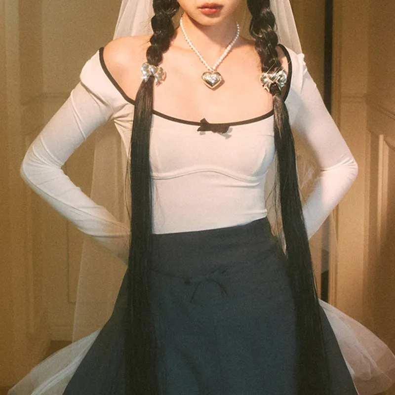 The Bowknot Splicing Colour Knitting Skinny Blouse Woman 2024 Sweet Spice Girl French Ballet Style Slim Hollow T-Shirt - Image 5