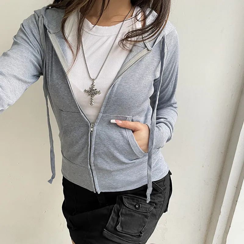 Street Solid Color Rib Hooded Hoodie 2024 Autumn New Zipper Pocket Splicing Jacket - Image 3