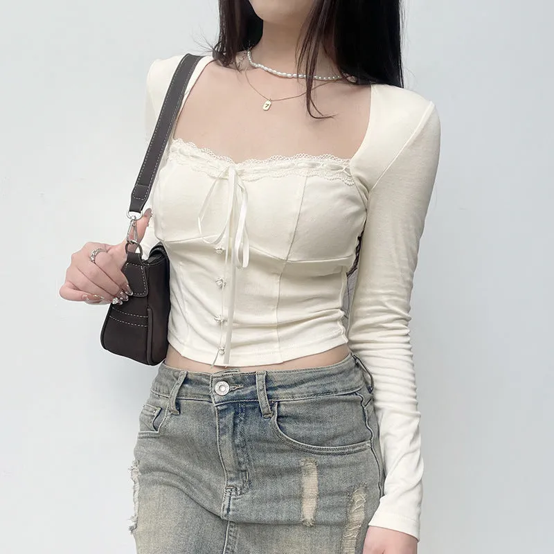 Sweet And Spicy Girl Neckline Lace-Up Long-Sleeved Blouse Women 2025 Pure Style Stylish Design Short Shoulder-Bottomed T-Shirt - Image 4