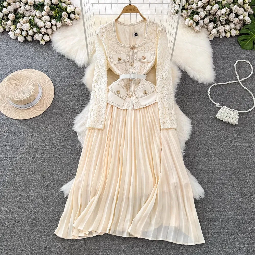 Znbbw And Autumn Korean Version Of Socialite Temperament Fake Two Long-Sleeved Square Collar Lace Receiving Waist A Large Swinging Pleated Dress