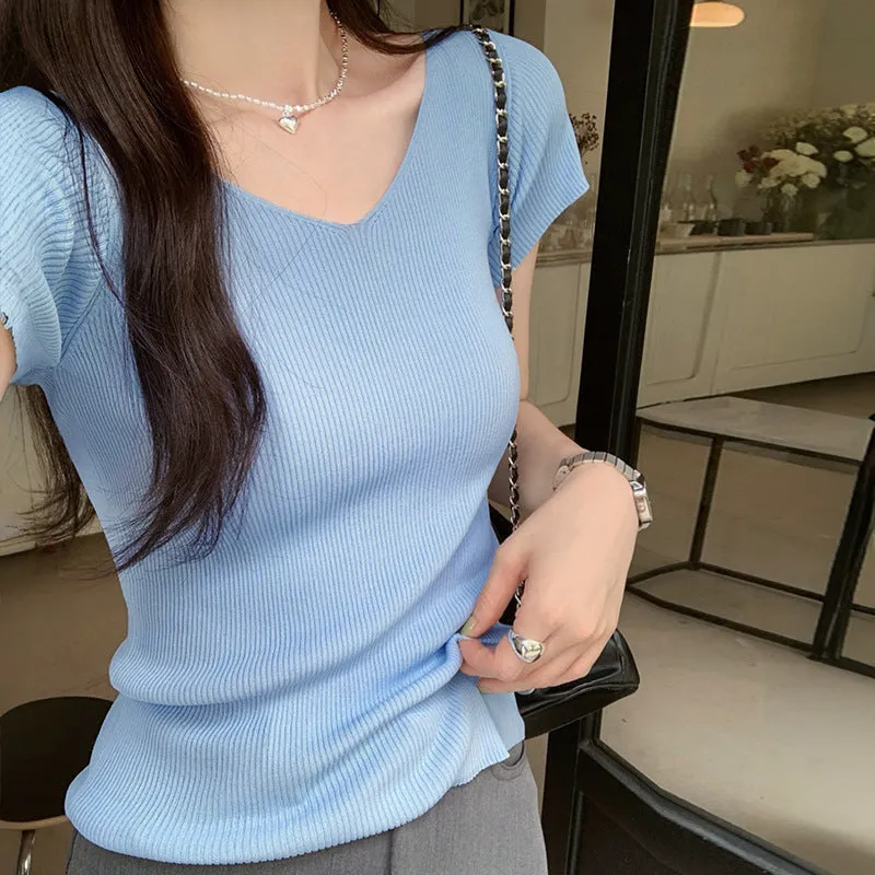 Pure Pink V-Collar Ice Silk Knitted Short-Sleeved T-Shirt Women's New Summer Design Thin Slim Bottomed Blouse - Image 7