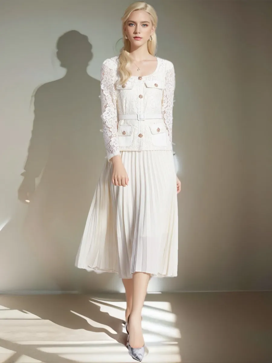 Znbbw And Autumn Korean Version Of Socialite Temperament Fake Two Long-Sleeved Square Collar Lace Receiving Waist A Large Swinging Pleated Dress - Image 7