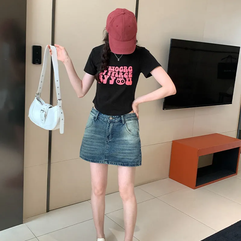 Pink Letter Printing Sweet And Spicy Girl Style Short Shoulder Slim T-Shirt Women's Summer New Skinny Blouse - Image 6