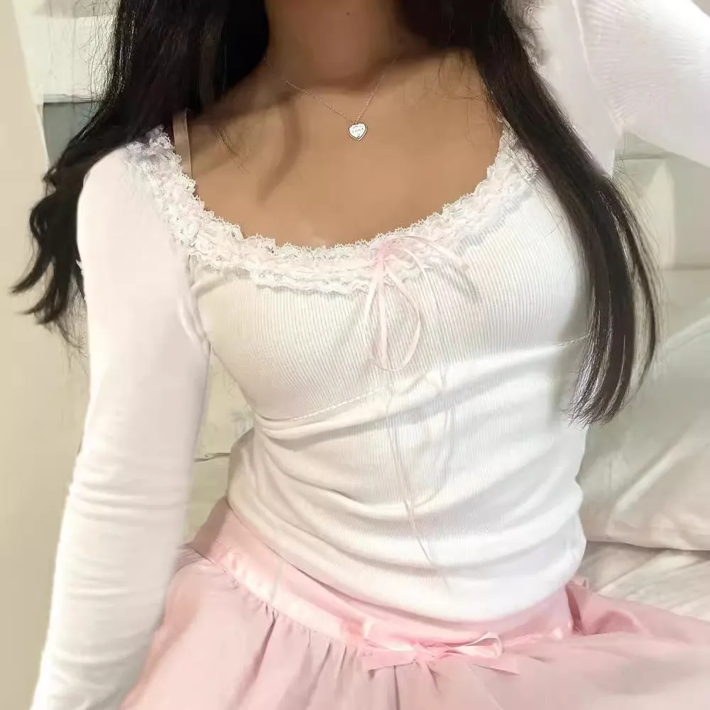 French Lace Collar, Bang Color Tie, Bow Tie, Slim, Thin Knitted Blouse, Bubble Short-Sleeved T-Shirt - Image 6