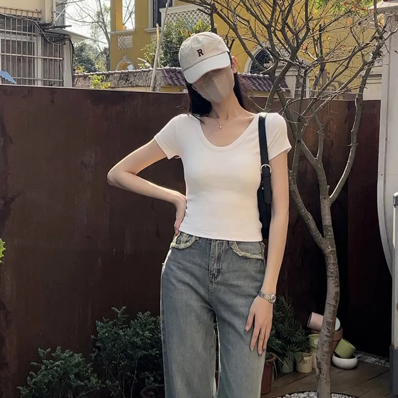 Solid Color V-Neck Straight Shoulder T-Shirt Women's Short-Sleeved Slimming Style Summer New Exposed Collarbone Blouse - Image 4