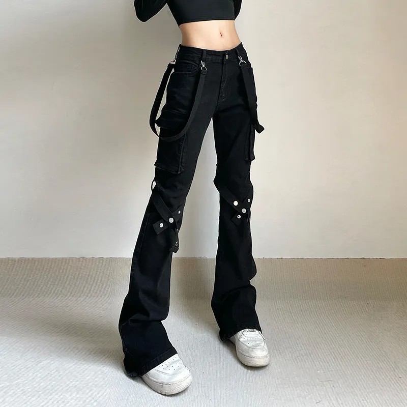 2024Ins Early Summer New Ribbon Design Metal Leg Ring Pocket Straight Tube Flared Trousers Denim Trousers Girls - Image 4