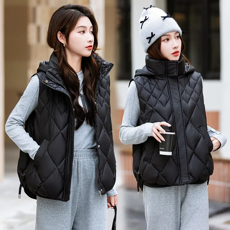 Autumn And Winter Vest Women's Down Cotton Short Loose Korean Version Of Versatile Diamond Cotton Vest Sleeveless Vest Coat - Image 4