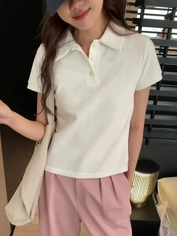Pure Hot Girls Polo Collar Solid Color Short-Sleeved T-Shirt Women's Summer New Design Style Basic Style Blouse - Image 9