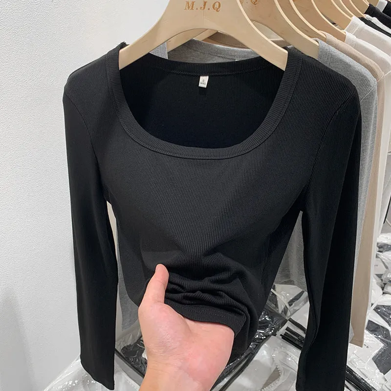 2025 New Spring And Autumn Style Threaded Square Collar Long-Sleeved T-Shirt Women's High Waist Leaky Navel Minority Solid Color Undercoat - Image 3