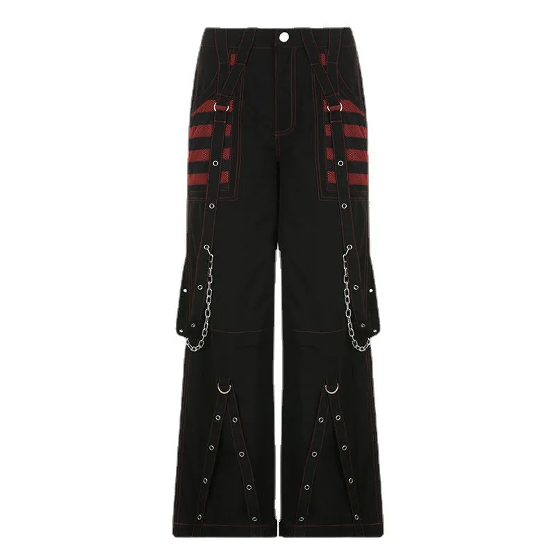 2024 Early Spring New Women's Wear Loose Color Striped Mesh Stitching Dark Chain Ribbon Woven Trousers