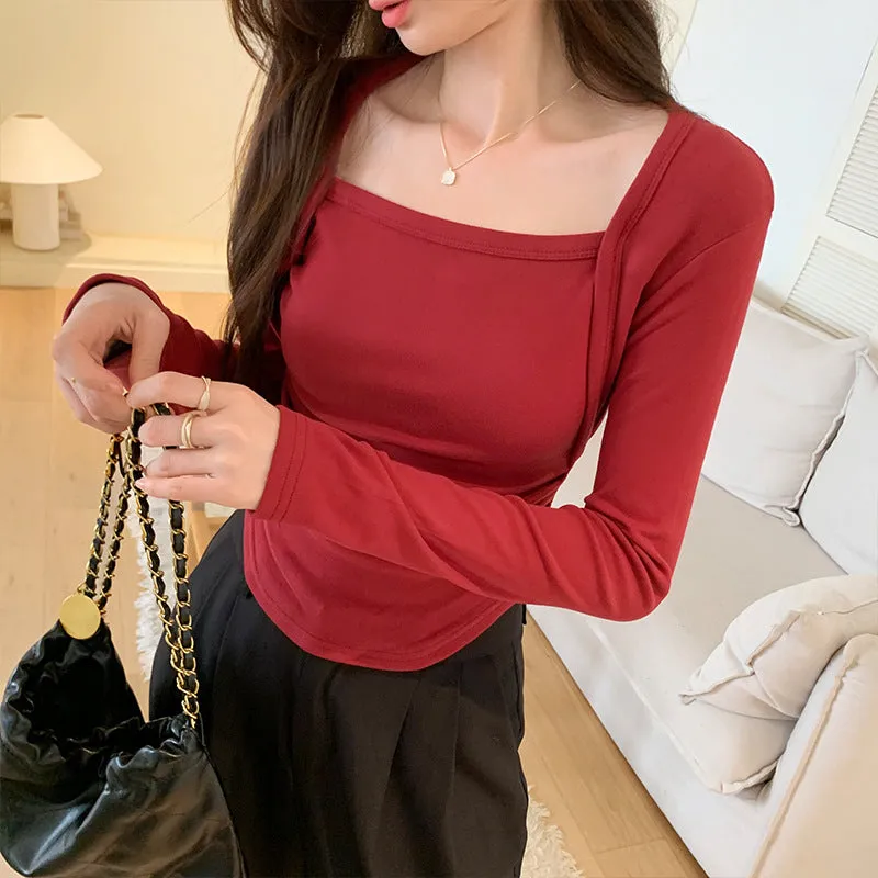 Znbbw Square-Necked T-Shirt Long-Sleeved Bottomed Shirt With Velvet Super-Revealing Figure And Spicy Girl-Style Tight Blouse - Image 4