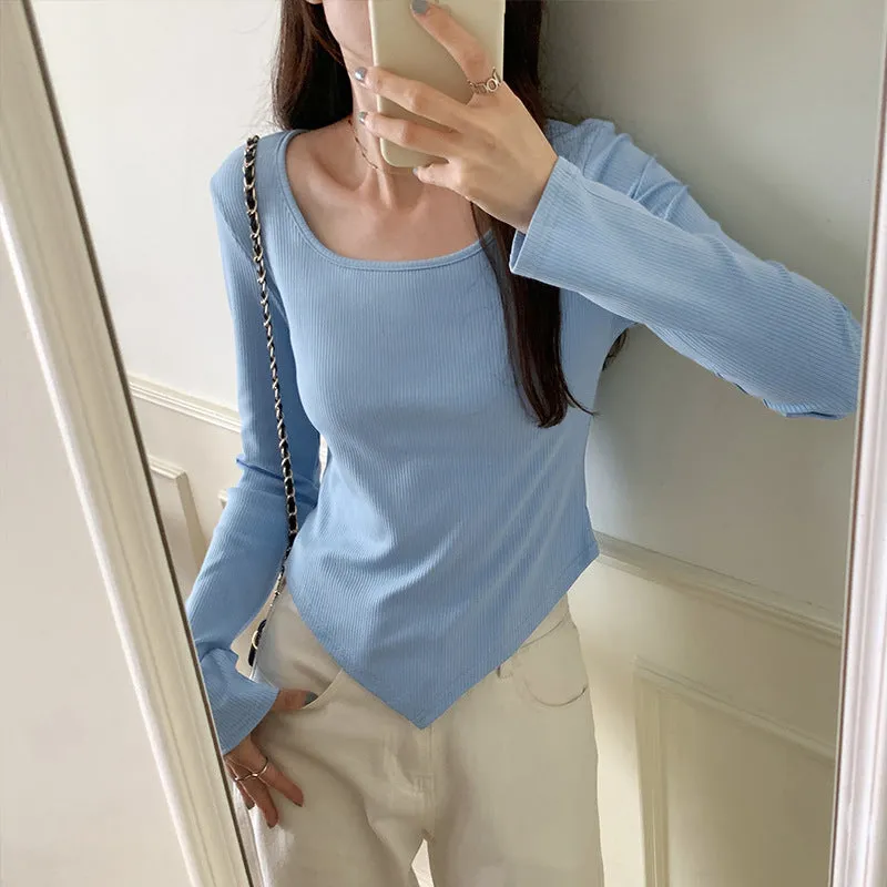 Znbbw Autumn Long-Sleeved T-Shirt Female Solid Color Leaking Clavicle Square Collar Positive Shoulder Design Irregular Bottomed Shirt Inside Jacket
