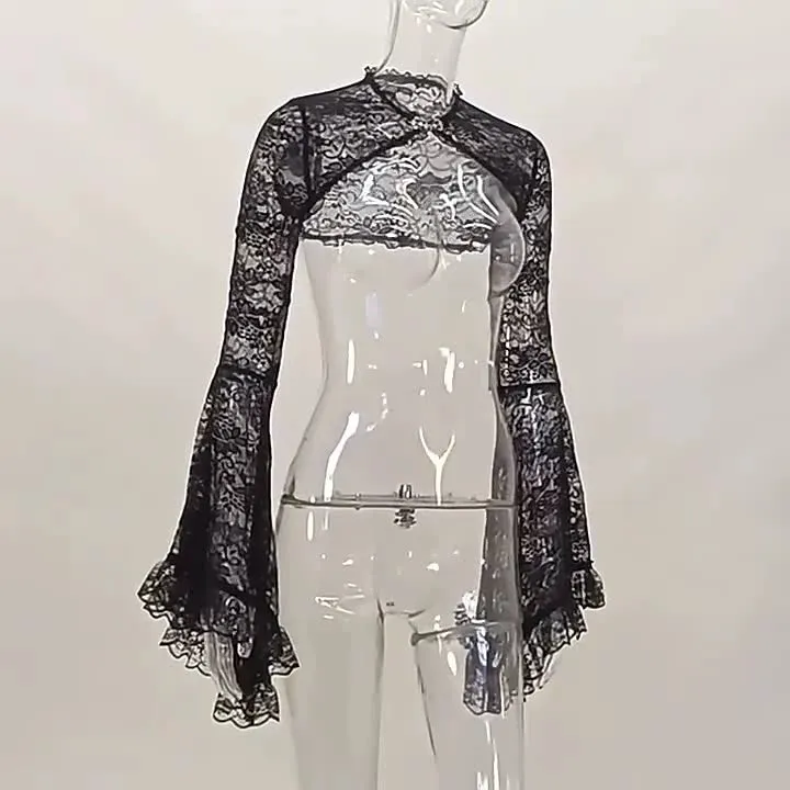 Znbbw Women's Wear Autumn And Winter New Horn Sleeve Sexy Lace Hollowed-Out Cheongsam Buckle Blouse - Image 6