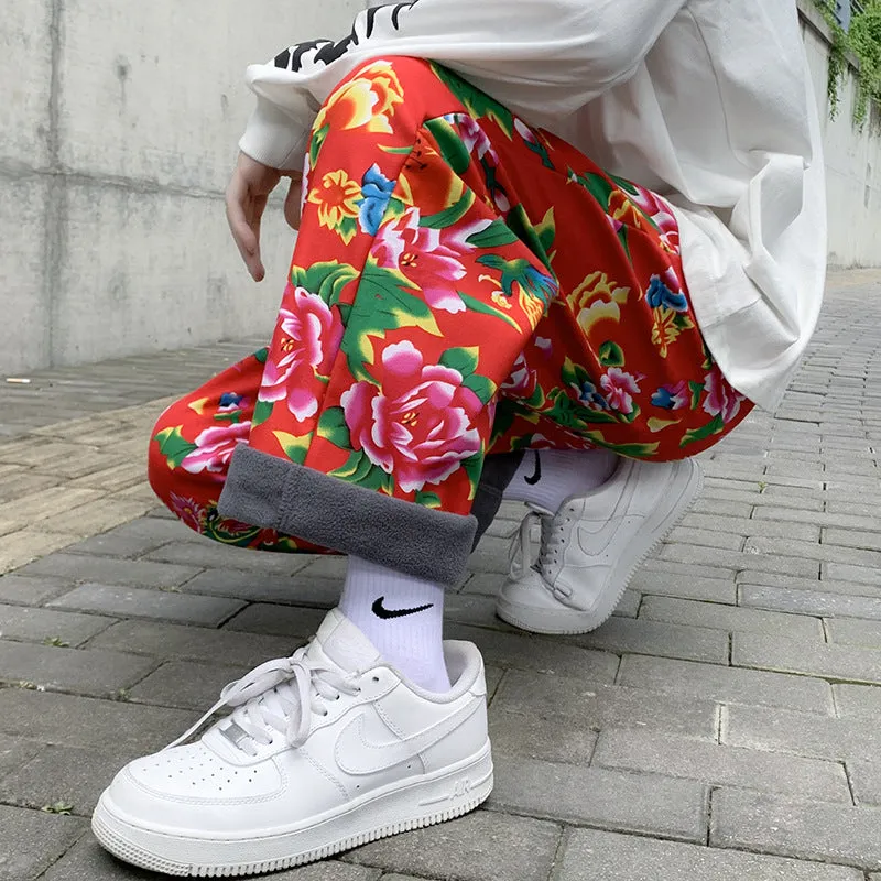 Big Flower Leisure And Velvet Foot Casual Pants Large Size Chinese Wind Peony National Characteristics And Velvet Big Flower Pants - Image 4