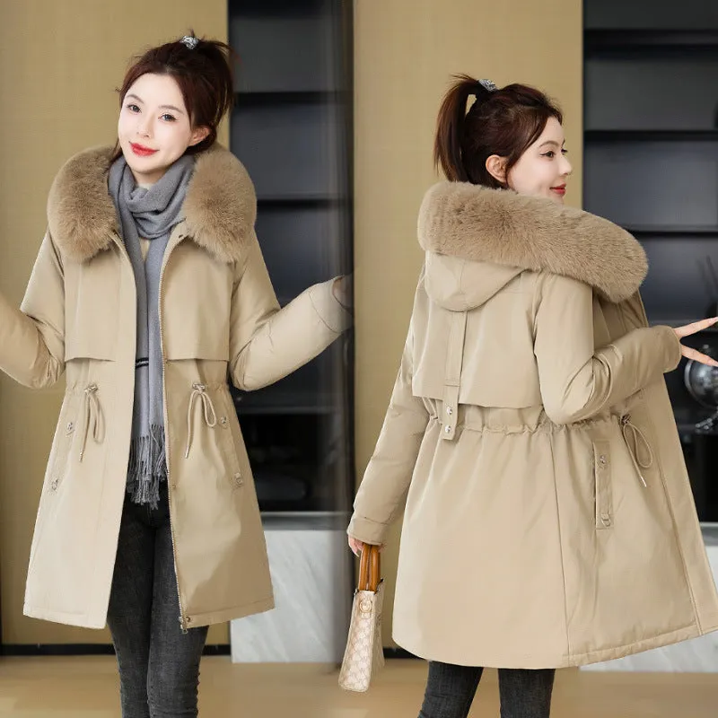 To Overcome The Female Long 2024 New Korean Version Of Fashion Slim Cotton Clothes Winter Plus Velvet And Thick Down Cotton Padded Coat - Image 3