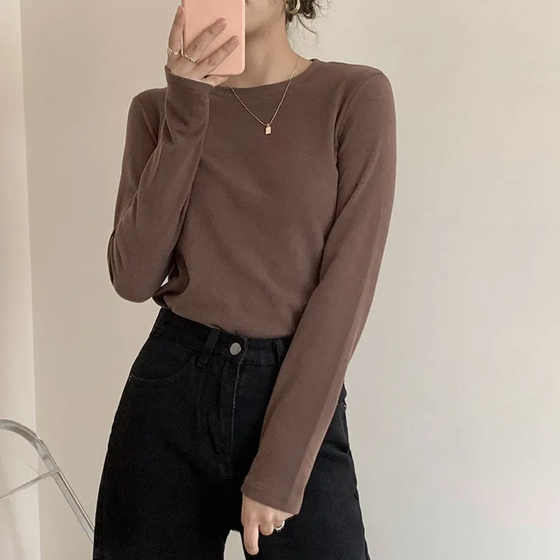 Znbbw Velvet Black Bottomed Shirt For Women To Wear A New Korean Version Of Foreign Style Round Collar Slim Long-Sleeved Sanded Wool Warm Blouse In Autumn And Winter