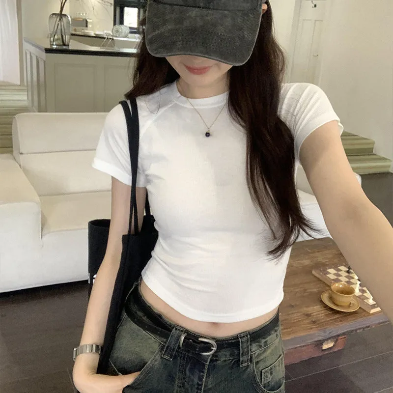 Retro Spice Girl Shoulder Short-Sleeved T-Shirt A New Summer Style Short Blouse With Solid Color And Slim Figure - Image 8