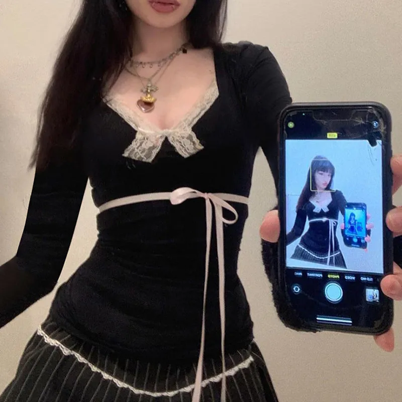 Pure Desire Girls Feel Lace, Bow, Stitching, Slim, Sweet And Spicy V-Collar Long-Sleeved T-Shirt 2024 - Image 3