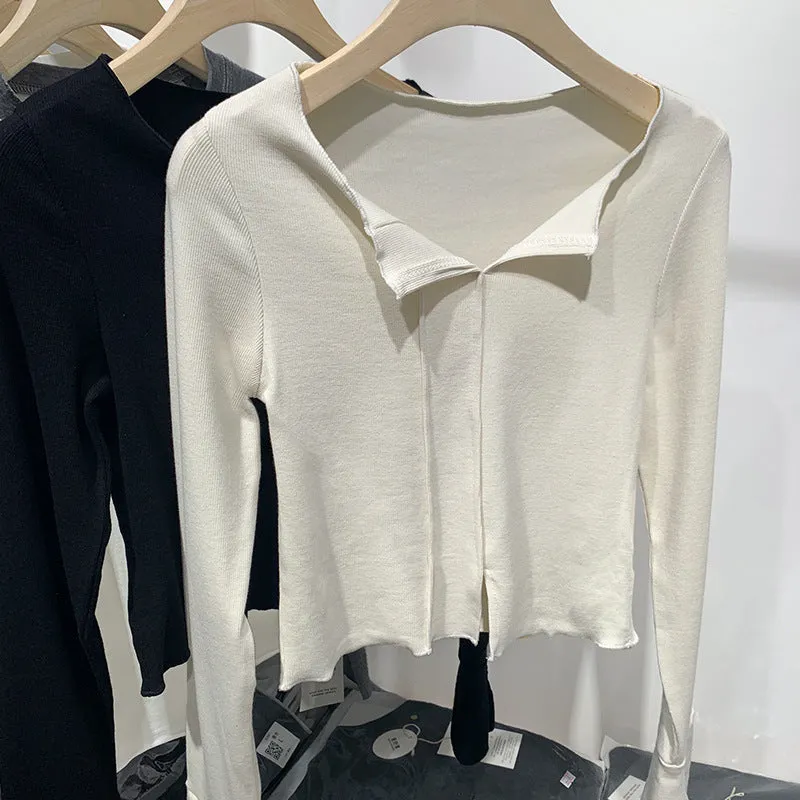 2025 New Spring And Autumn Style Solid Color Semi-Open-Necked Blouse With Split Sleeves And Slimming Short Style With Bottom Shirt - Image 5