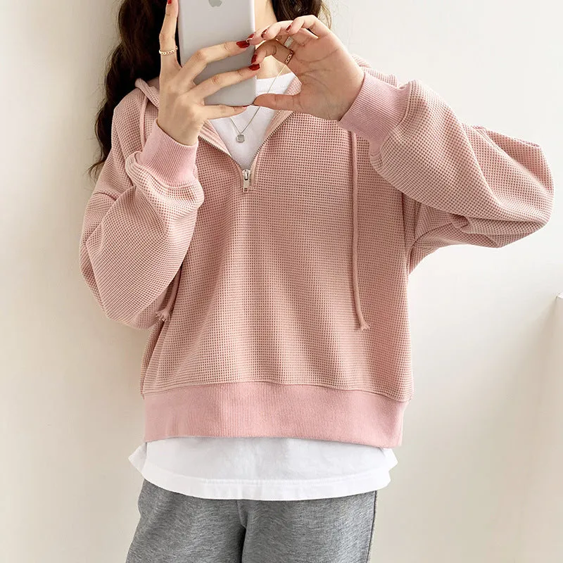 Short Style Waffle Hooded Sweater 2025 Early Spring New Style Loose Design Niche Jacket Women's Spring And Autumn - Image 8