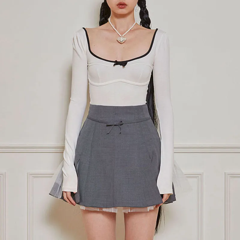 The Bowknot Splicing Colour Knitting Skinny Blouse Woman 2024 Sweet Spice Girl French Ballet Style Slim Hollow T-Shirt - Image 3