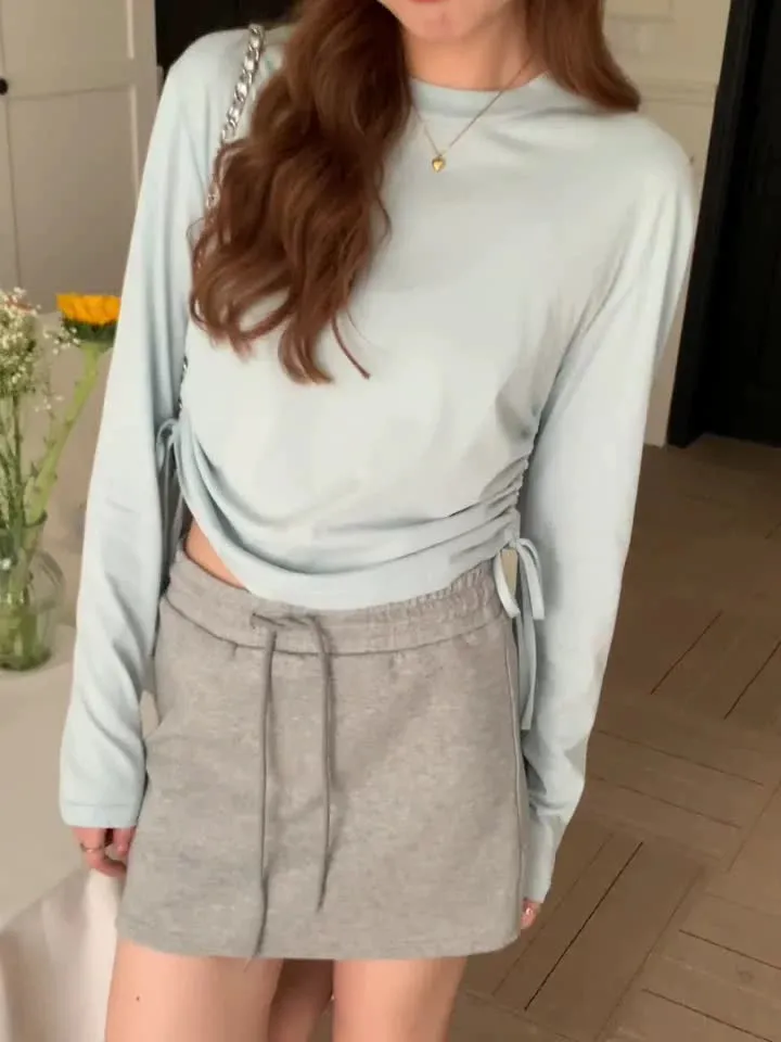 Summer Thin Style Design Rope Long-Sleeved T-Shirt Woman Waist Slim Solid Color Short-Style Sunscreen Blouse - Image 10