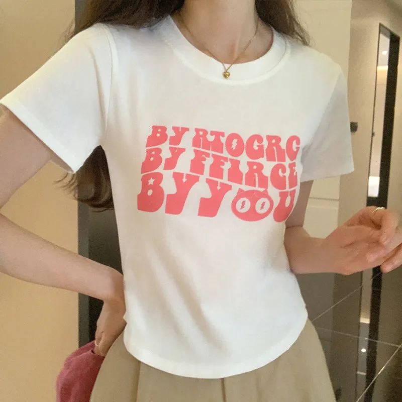 Pink Letter Printing Sweet And Spicy Girl Style Short Shoulder Slim T-Shirt Women's Summer New Skinny Blouse - Image 3