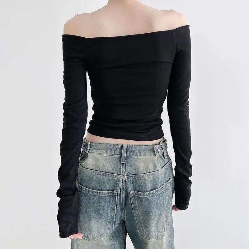 Ins Style Basic Simple Solid Color T-Shirt With Bare Shoulder And Bottom 2025 New Temperament Age-Reducing Blouse - Image 2