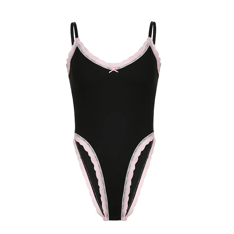 Sweet And Cool Spicy Girls Little Lace Lace Splicing V-Collar Slim Black Sling Jumpsuit 2024 New Style In Early Spring