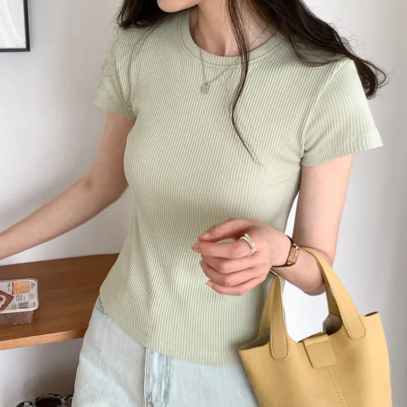Classic Basic Grey Shoulder T-Shirt Women's Short-Sleeved Round-Necked T-Shirt Threaded To Show A Thin Blouse In Summer - Image 7