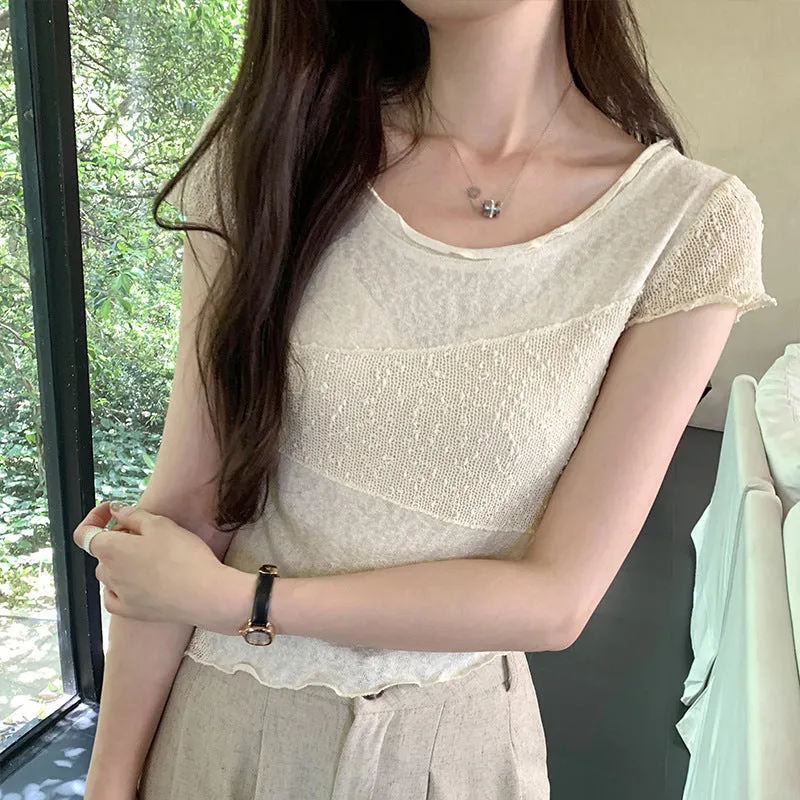 Korean Minority Design Temperament Texture Fabric Spliced Shoulder Short-Sleeved T-Shirt Women's Summer 2024 New Blouse - Image 4