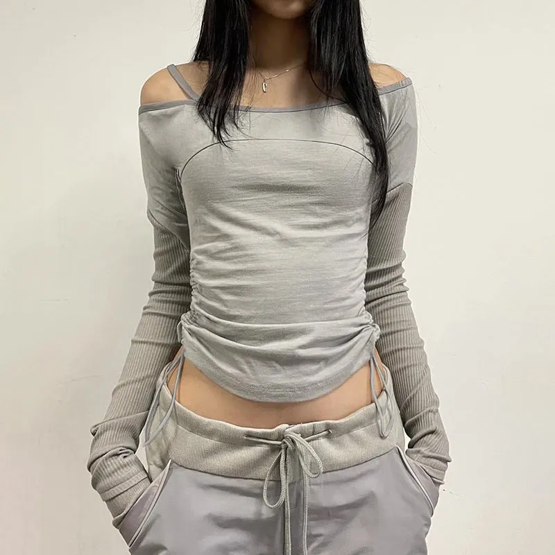 Spicy Girl Style Solid Color Collar Shoulder Rope Slim Long-Sleeved Functional T-Shirt 2024 Spring New Style - Image 6