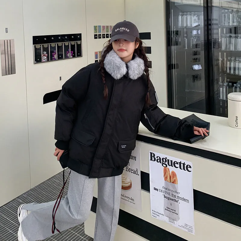 Navy Blue Wool Collar Parker Cotton Suit Women's Winter New Thickened Warm Oversize Padded Coat - Image 3