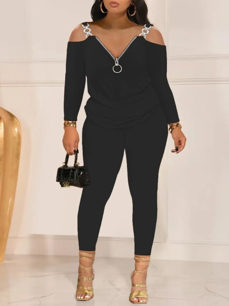 Znbbw Autumn And Winter Women's Wear New Shoulder Spliced Long-Sleeved Printed Trousers Two Sets - Image 7