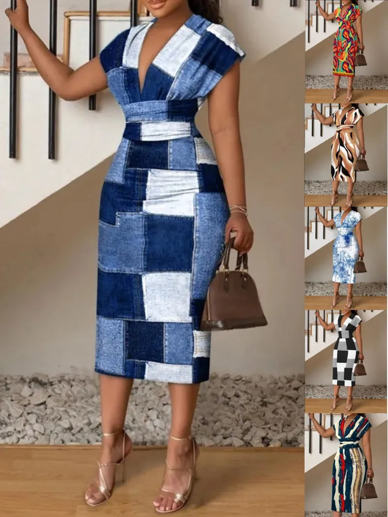 Znbbw Women's Fashion Style Fashion Temperament V-Neck Slim Print Dress - Image 11