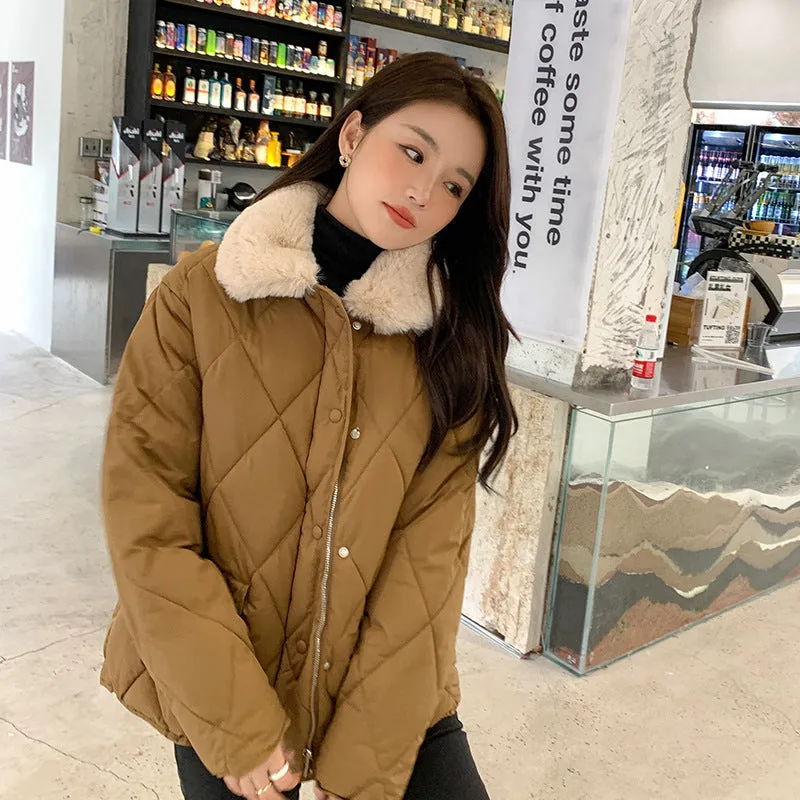 Sense Splicing Lamb Wool Collar Light Diamond Cotton Clothes Female Autumn And Winter New Korean Version Of Chic Casual Warm Cotton-Padded Jacket - Image 5