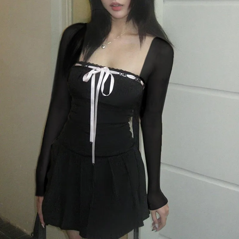 French Court Style Square-Necked Dress 2024 Spring And Summer New Style Bowknot Temperament Age-Reducing Small Black Dress - Image 3