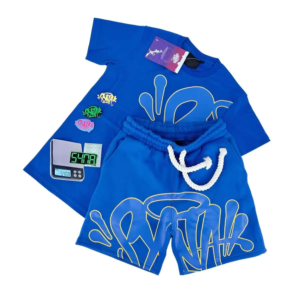 Znbbw Aesthetics Male Gothic 2-Piece Hip-Hop Alphabet Print 0-Collar T-Shirt + Rope Wide Legs And Short - Image 3