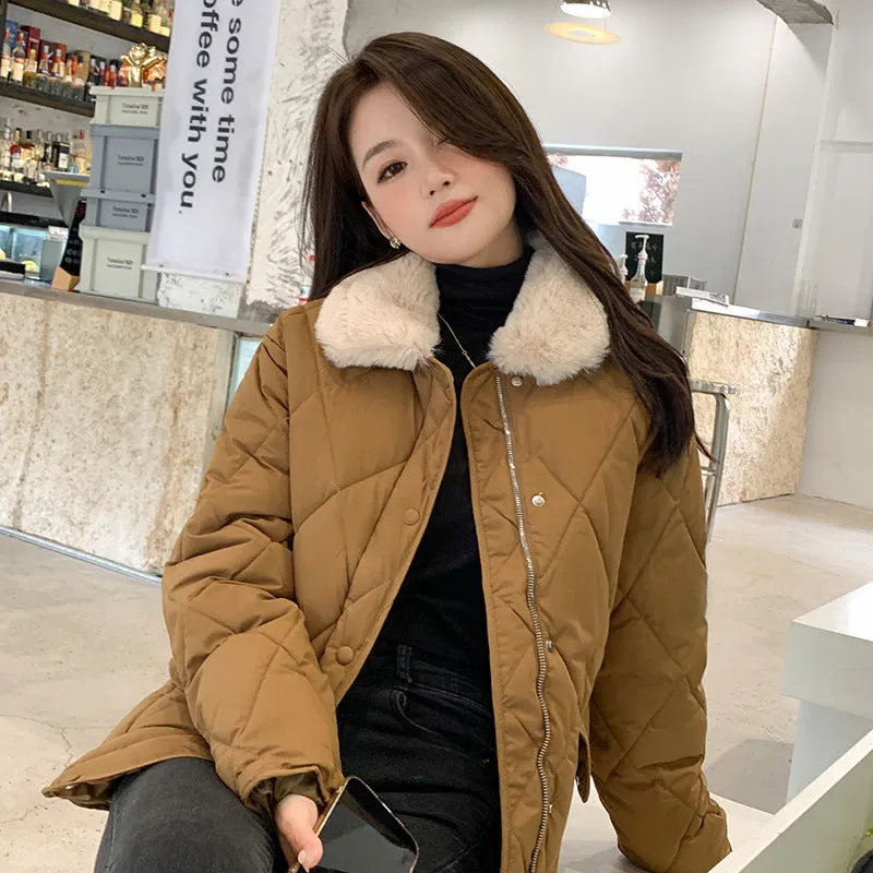 Sense Splicing Lamb Wool Collar Light Diamond Cotton Clothes Female Autumn And Winter New Korean Version Of Chic Casual Warm Cotton-Padded Jacket - Image 2